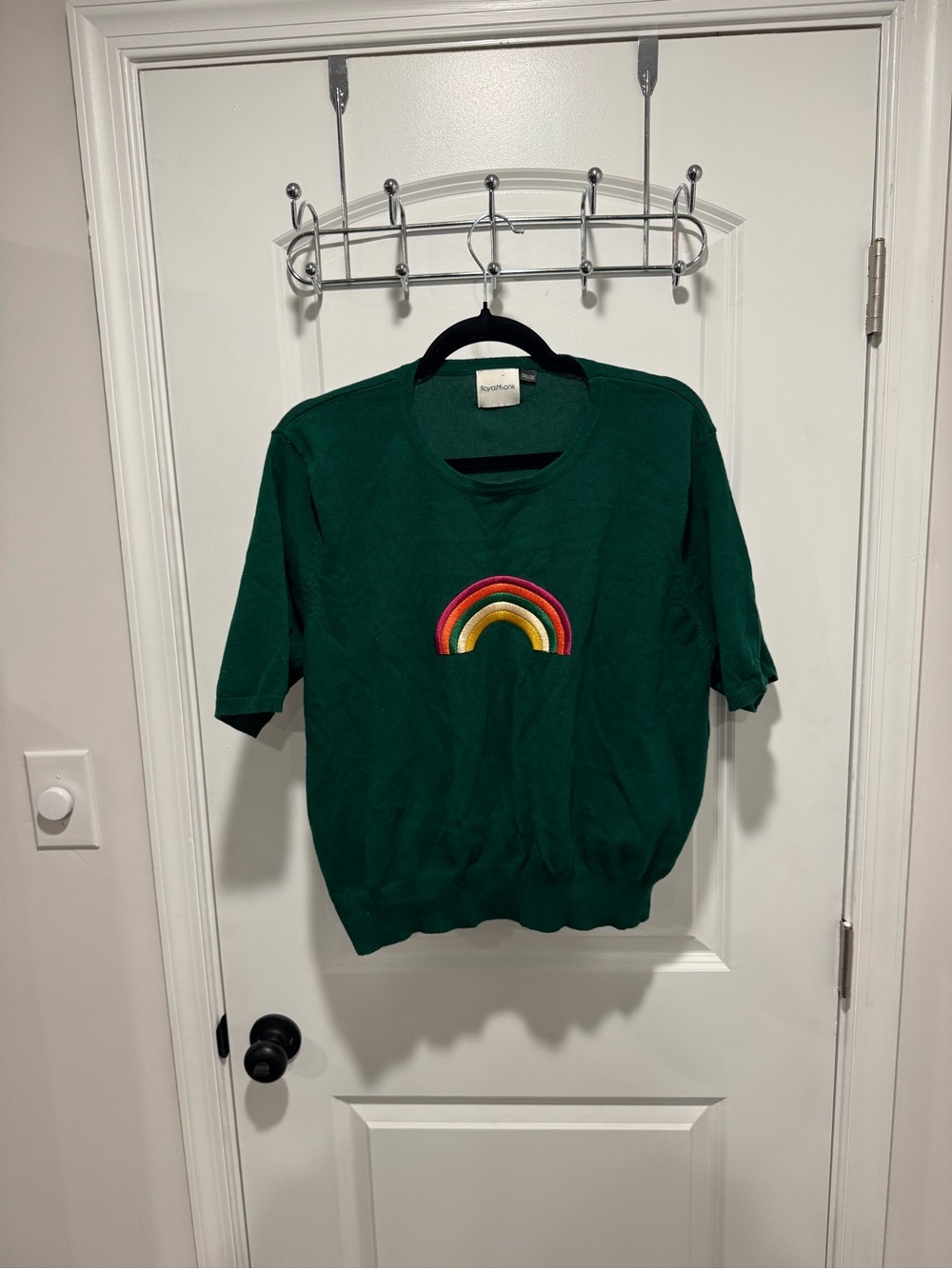 Apres Ski Forest Green Short-Sleeve Crew Sweater with Rainbow Embroidery